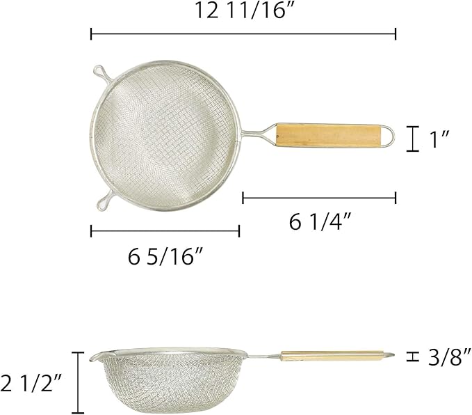 TrueCraftware- 6-Inch Double Fine Tin Mesh Strainer 6-3/4" Handle Length Wooden Handle- Kitchen Utensil Food Strainer Skimmer Spoon for Cooking Sieve Sifters Rice Quinoa Pasta Fruits Vegetable