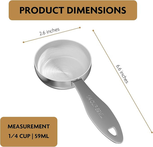 2PCS 1/4Cup(59ml) Stainless Steel Measuring Cup, Heavy-duty Single Metal Scoop for Wet and Dry Ingredients, Great Kitchen Gadgets for Cooking