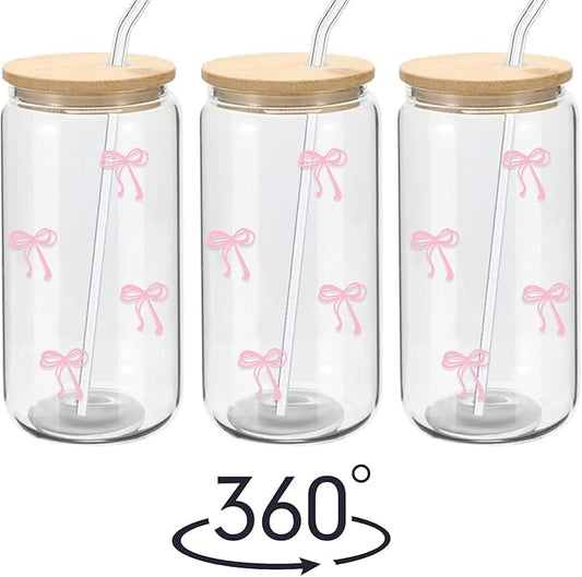 Coquette Aesthetic Glass Cups with Lids and Straws - Pink Bow Iced Coffee Cup Decor, Cute Tumbler Smoothie with Cleaning Brush&Gift Box, Gifts for Girls Women Friends, 16 oz