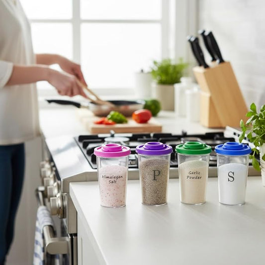 Plastic Salt and Pepper Shakers Set with 4 Color Lids & 20 Labels – Clear Spice Jars, Reusable, Refillable Seasoning Containers for Kitchen, Cooking, Baking – Easy Storage & Organization