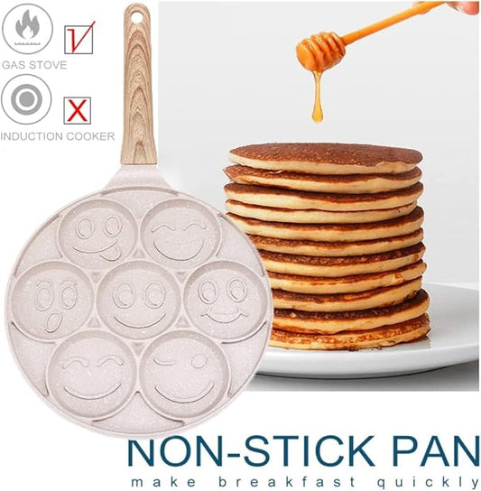 Smiley Face Pancake Pan - Nonstick 10 Inch Mini Pancake Maker with 7-Cup Mold, Silver Dollar Pancake Pan - White