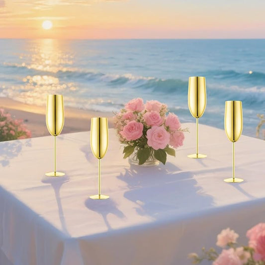 Stainless Steel Champagne Flutes Set of 4-Wedding &Birthday Gifts,8.5 Oz Unbreakable Champagne Glass with Long Stem,Reusable Indoor Outdoor Drinkware (Gold)