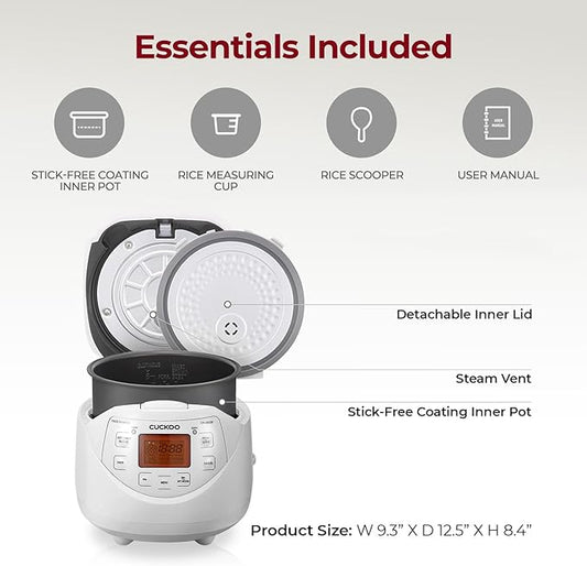 CUCKOO Micom Rice Cooker 6 Cup Uncooked / 12 Cup Cooked, Korean Fuzzy Logic Rice Cooker with Delay Timer & Keep Warm Setting, Versatile Food Steamer with Non-Stick Inner Pot, White (CR-0633F)