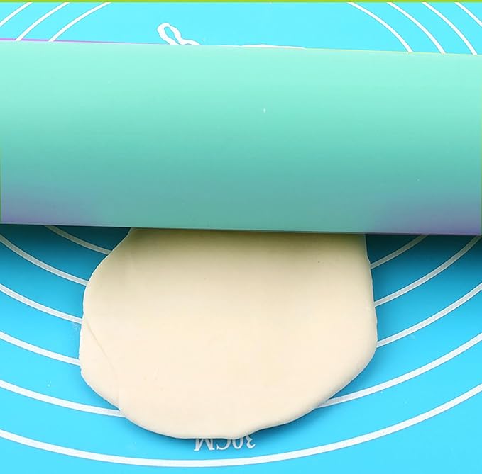 Silicone Rolling Pin, Blue 9 Inch Pin with Wooden Rotatable Handle for Dough of Baking Bread, Cookie, Pizza (blue, 9 inch)