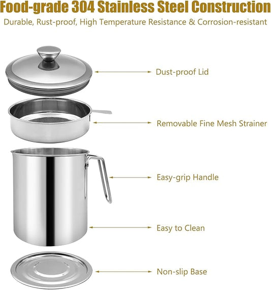 Bacon Grease Container With Strainer, 1.7L Grease Strainer and Container with Dust-Proof Lid, 304 Stainless Steel Oil Filter Storage with Fine Mesh 1.7L