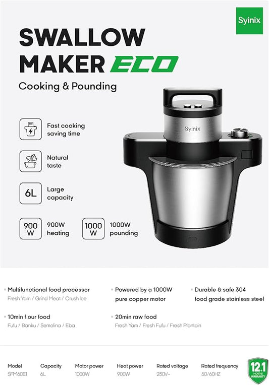 Syinix Swallow Maker Eco Semi Automatic, Food Processor, Food maker, Fufu Machine for African Food Swallow Mixer for Fufu, Banku, Ugali Amala, Semolina, Mashed Potatoes and Pounded Yam with Non-Stick