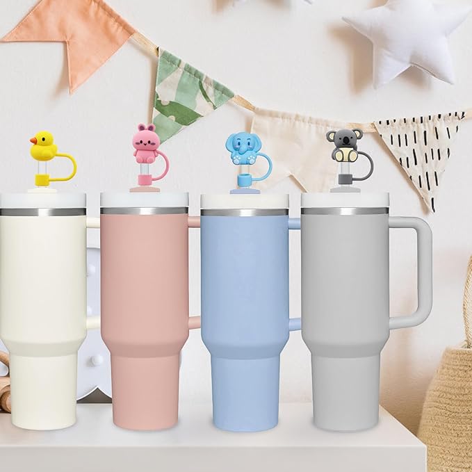 4 Pcs 0.4in Straw Cover for Stanley Cup, Silicone Straw Topper Set for 30&40oz Stanley Tumble, Fit for 10mm/0.4in Straws (Animal)