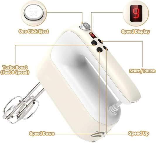 Yomelo 9-Speed Digital Hand Mixer Electric, 400W Powerful DC Motor, Hand Mixer Electric Handheld with Snap-On Storage Case, 5 Stainless Steel Accessories, Beaters, Dough Hooks, Whisk(Cream White)