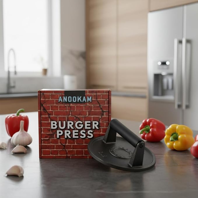 Barbell Plate Design Cast Iron Burger Press 6.5" Round Heavy-Duty Smash Burger Press for Griddle, Grill, Bacon, Meat, Steak, BBQ with Wooden Handle