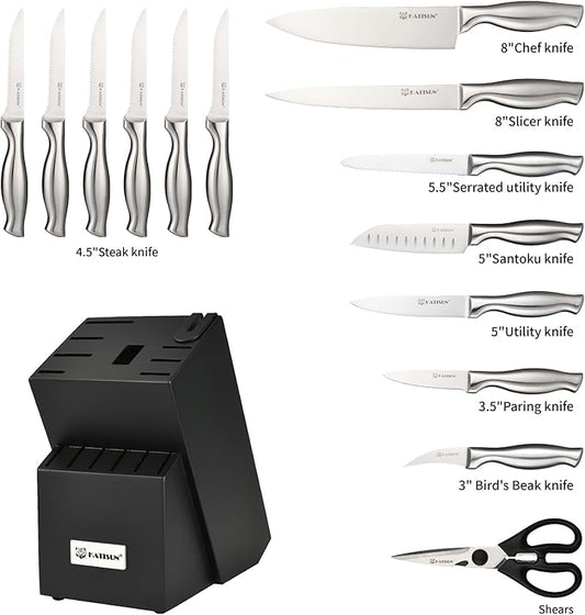 Knife Set, 15-Piece Kitchen Knife Block Sets with Built-in Sharpener, German Stainless Steel Knife Block Set, Dishwasher Safe