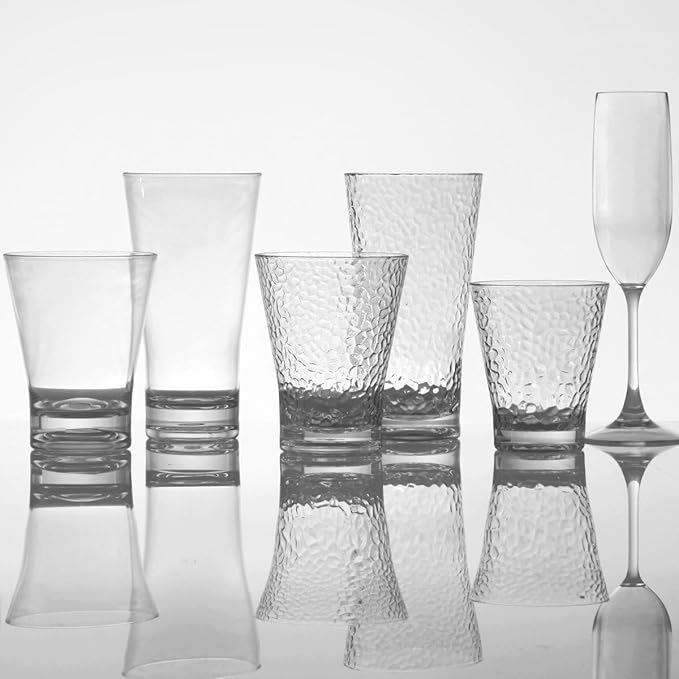Fortessa Outside Shatter and Chip Resistant BPA Free 6 Pack Premium Copolyester Plastic Drinkware Glasses, Hammered Iced Beverage, 20 Ounce (6 Pack)