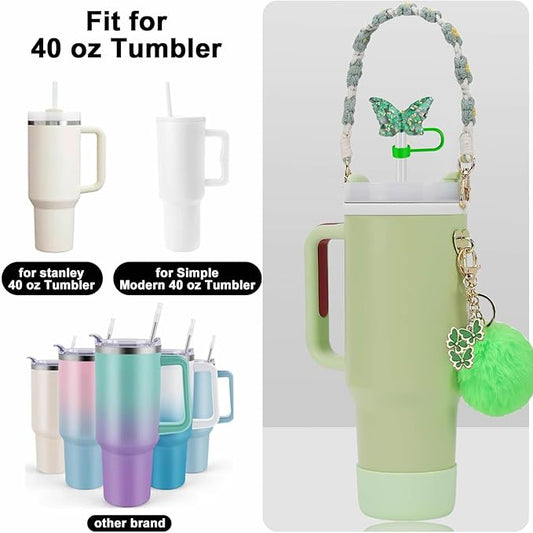 Accessories Set Including Water Bottle Handle Strap, Silicone Boot, Resin Butterfly Straw Cover, Straw Topper, Lip Balm Sleeve, Butterfly & Hairball Charms for Stanley Cup Tumbler