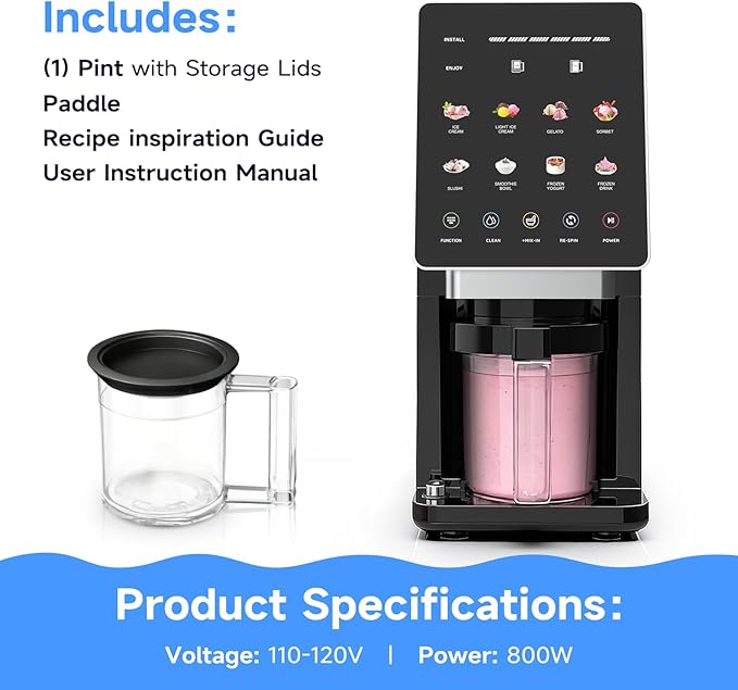 Valentine’s Day Gift – Ice Cream Maker & 10-in-1 Frozen Treat Maker, 20 oz 1 Pint, Mix-In + Re-Spin for Creamier Texture, Gelato/Sorbet/Slushie/Frozen Yogurt/Milkshake/Smoothie Bowls, Recipe Guide