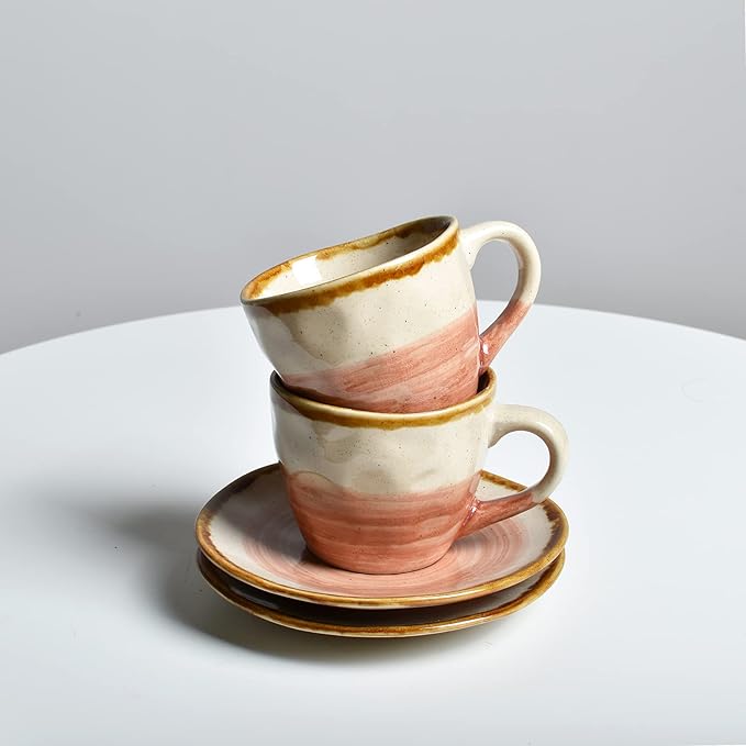 Bosmarlin Stoneware Coffee Cup Mug with Saucer Set of 2 for Latte, Cappuccino, Tea, Oz, Dishwasher and Microwave Safe (Salmon Pink, 2)