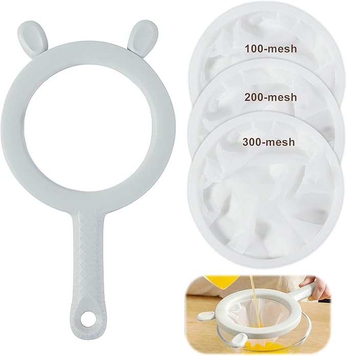 3-in-1 Fine Mesh Filter Kit with Detachable Sieve, 100/200/300 Mesh Filter with Grey Handle, Interchangeable Nylon Filter for Coffee, Tea, Nuts, Milk Juice, Fine Mesh Food Grade PP Frame(Grey)