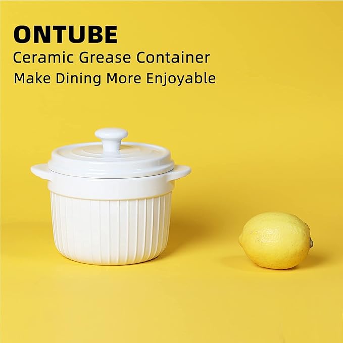 ONTUBE Ceramic Bacon Grease Container Keeper with Strainer, Frying Oil Storage Can, White