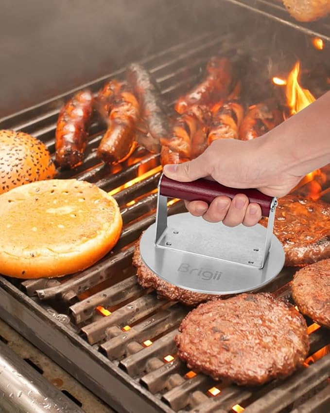 Brigii 6.3" Stainless Steel Smashed Burger Press, Round Flat Edge Grill Press for Crispy Smash Burgers, Hamburger Tool for Grill and Griddle Accessories, for BBQs and Tailgates, Dishwasher Safe