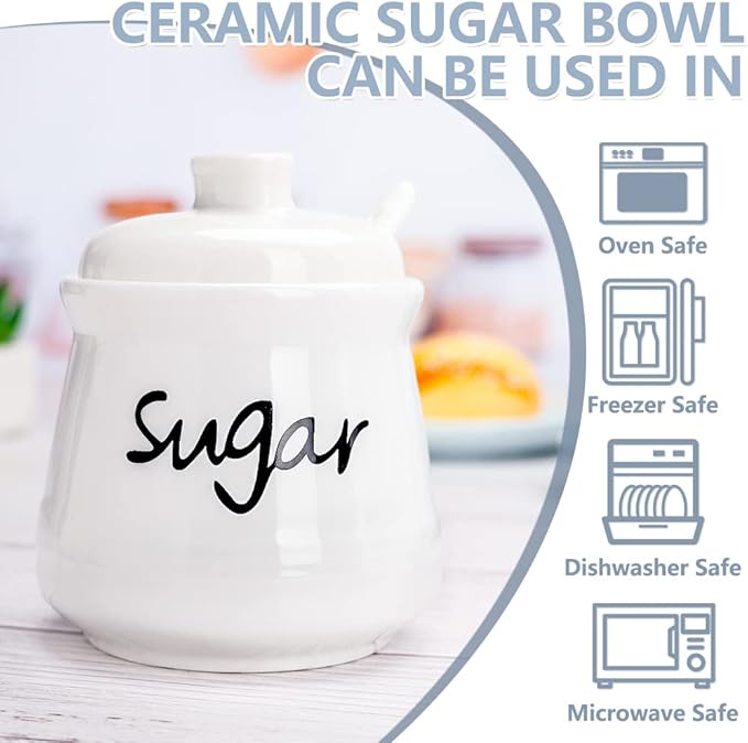 Ceramic Sugar Bowl with Lid and Spoon, 12 Ounces Porcelain Sugar Jar Sugar Dispenser, Sugar Container for Home and Kitchen Decor (White)