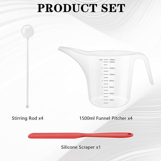 4 Pack 1500ml/50oz Long Spout Funnel Pitcher with Stirring Rods – Measuring Cups for Resin, Paint, Epoxy, Crafts, Soap Making, Durable and Easy to Pour, Great for Mixing, Measuring, Transfer Tasks