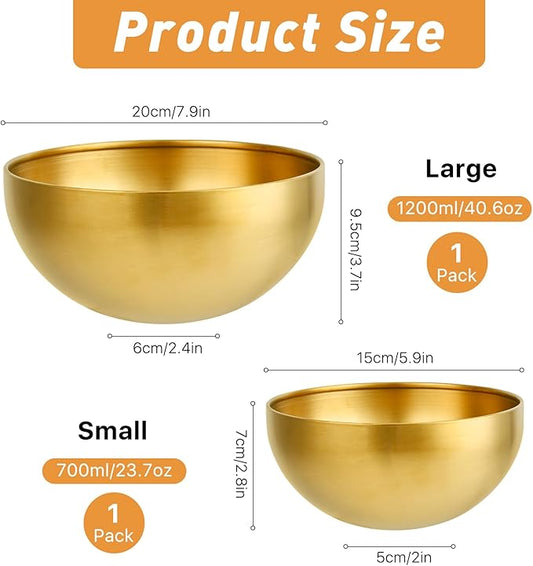 Akamino 2 Pack Stainless Steel Mixing Bowls, 5.9 & 7.9 Inch Gold Metal Salad Bowls, Soup Bowl, Noodle Bowl, Snack Bowl, Serving Bowls for Mixing, Cooking, Baking, Prepping - 700ML& 1200ML