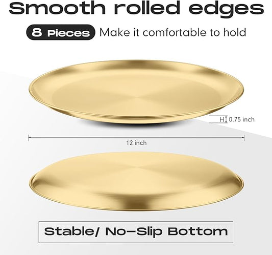 Thenshop 8 Pieces 12 Inch Pizza Pans Bulk Stainless Steel Sets Round Bakeware Pizza Trays for Oven Kitchen Baking Home Restaurant Safe Sturdy Reusable Easy Clean(Gold)