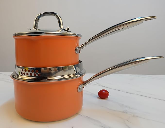 Fracoda Nonstick Ceramic Saucepan 2.5 Qt,Sauce Pot with Strainer Lid,Two Side Spouts for Easy Pour with Ergonomic Handle,Non Toxic,PTFE &PFOA Free - Oven Safe Compatible with All Stovetops,Perracotta