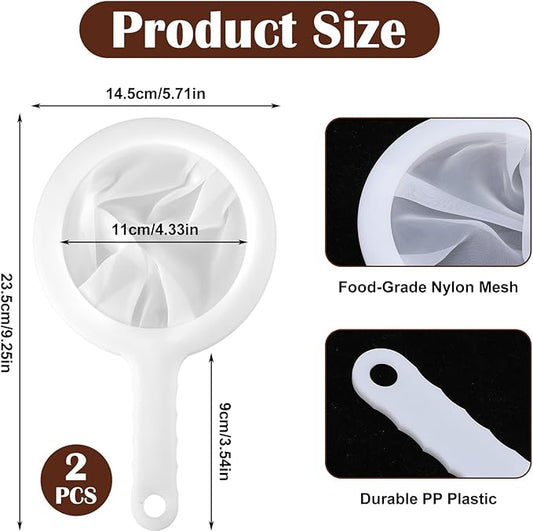 2 PCS Small Fine Mesh Strainer, Plastic Strainers Fine Mesh for Kitchen with Handle, Juice Strainers After Juicing, Soft Nylon Small Strainer for Coffee, Milk, Soy Milk, Juice(120 Mesh)