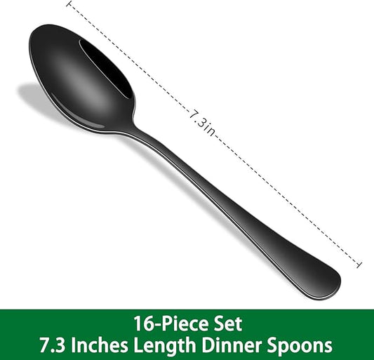 16-Piece 7.3 Inches Black Stainless Steel Dinner Spoons,Durable Soup Spoons,Black Table Spoon,Silverware Spoon