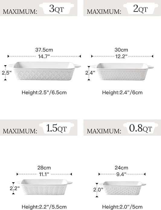 Casserole Dishes for Oven - Ceramic Bakeware Sets of 4, Rectangular Baking Deep Dishes with Handles, Lasagna Pans for Kitchen Cooking & Wedding Gift, Embossed