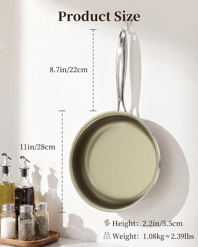 Abijan 11inch Stainless Steel Pan, Non stick frying pan, 3-Ply Titanium pan, Induction cooking pan, Nonstick Omelette Skillet, PFOA/PFAS/PTFE Free, Compatible with All Cooktops, Oven Safe, Brown