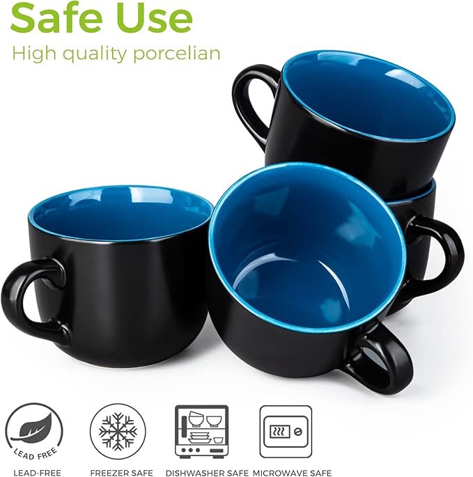 GBhome Jumbo Soup Mugs with Handles, 24 Oz Large Coffee Mugs Set of 4, Ceramic Soup bowls for Coffee,Cereal,Snacks,Salad,Noodles etc Soup Cups,Microwave&Dishwasher safe-Blue Inside