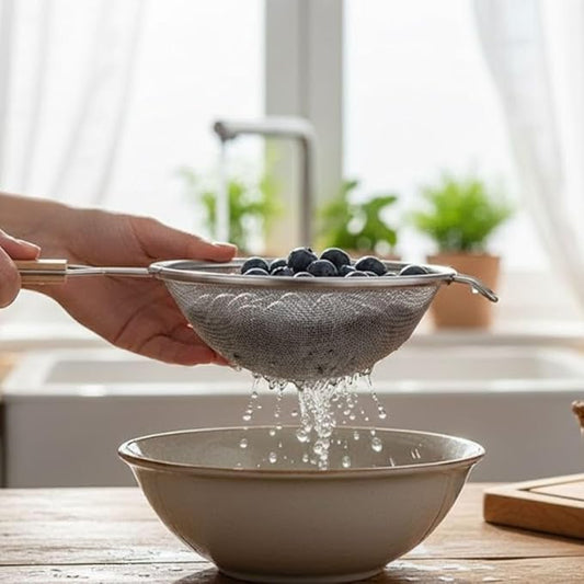 Soro Essentials- 6" Stainless Steel Single Coarse Mesh Strainer with Wooden Handle Pan Hook- Single Tinned Coarse Kitchen Food Strainer for Sift Drain Straining Liquids Stocks Sauces Soups Pasta