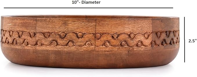 EDHAS Mango Wood Decorative Round Carved Bowl for Decoration, Centerpiece Bowl for Table (10" x 10" x 2.5")
