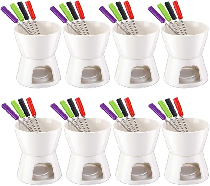 Mudder 8 Pcs Mini Fondue Pot Set with 32 Color Coded Forks Valentine's Individual Porcelain Tea Light Melting Mugs for Chocolate Cheese Dessert Small Fondue Pot for Tapas Gifting(White)