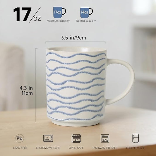 Ceramic Mugs Set of 6, 17oz Coffee Mugs with Handpainted Blue Stripe Pattern, Modern Stackable Coffee Cups, Dishwasher and Microwave Safe Mugs for Coffee, Tea, Milk