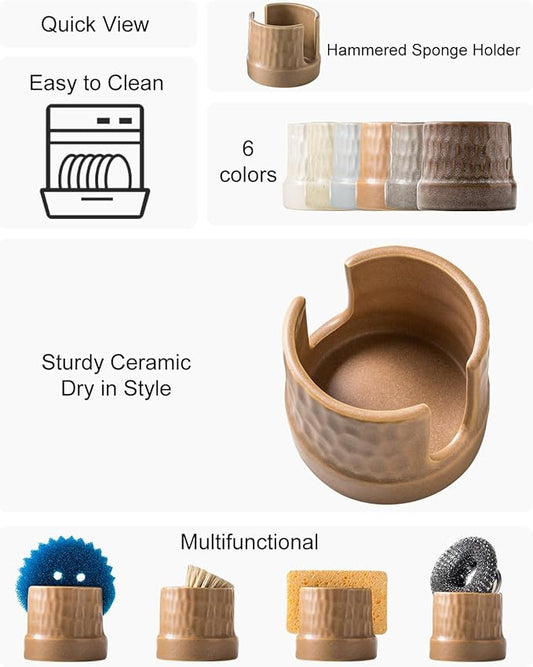 Sponge Holder for Kitchen Sink, Ceramic Sink Scrub Sponge Tray Dish Rack for Scrubbers, Kitchen Organizer, Brown