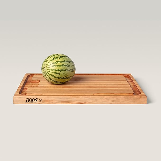 John Boos Aujus Series Rectangular Wooden Maple Cutting Board 24”x18” – 1.5” Thick, 18-lb Reversible Butcher Block with Sloped Juice Groove, Edge-Grain & Finger Grips – Made in the USA