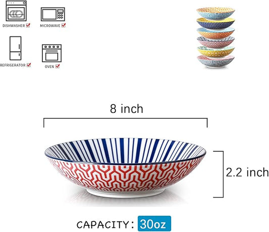 Selamica Ceramic 30oz Large Pasta Salad Bowls 8 Inch Wide and Shallow Soup Bowls, Stackable, Microwave and Oven Safe, Set Of 6, Assorted Colors