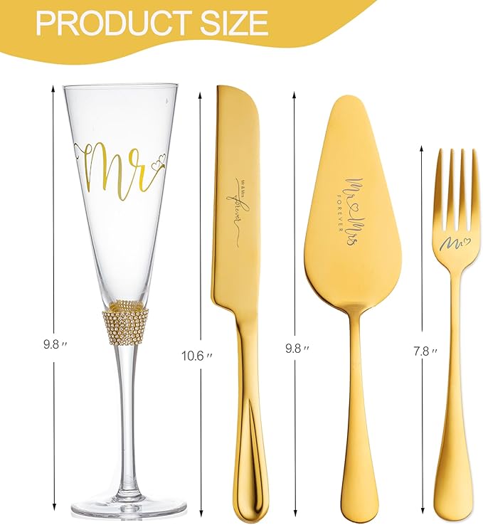 VARLKA Wedding Cake Knife and Server Set, Bride and Groom Champagne Glasses and Gold Cake Cutting Set for Wedding, Cake Cutter and Champagne Flutes Glass for Mr and Mrs Gifts for Coples (Gold)