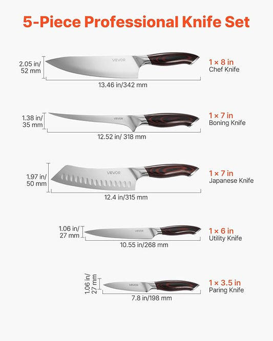 VEVOR Kitchen Knife Set, 5 Piece High Carbon Stainless Steel Sharp Knife Set, Durable and Rust-Resistant, Professional Kitchen Cutlery with Ergonomic Crack-Resistant Handle, for Precise Cutting