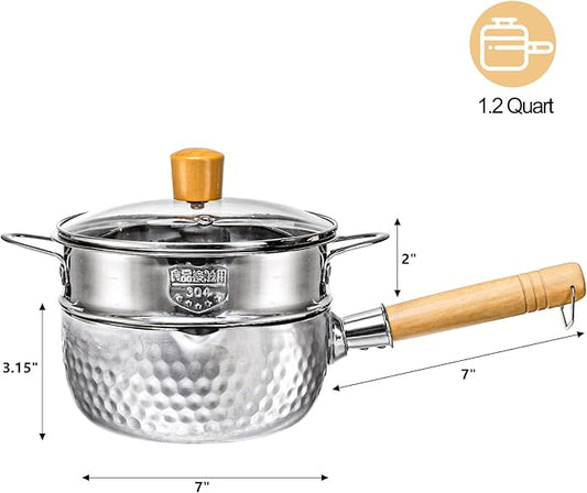 DEAYOU Stainless Steel Saucepan with Steamer, 1.2 Quart Yukihira Sauce Pan with Lid, Traditional Japanese Small Cooking Pot with Wood Handle and Two Side Spouts for Milk, Ramen, Soup, Tempura, 7"