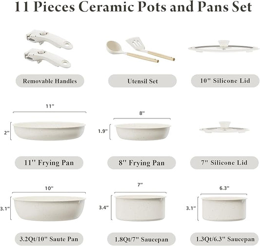 11 Pcs Pots and Pans Set Non Stick with Removable Handles,Ceramic Cookware Set Non Toxic,Induction Kitchen Cooking Sets,Nonstick RV Cookware,Dishwasher/Oven Safe,PFAS/PTFE/PFOA Free,Cream White