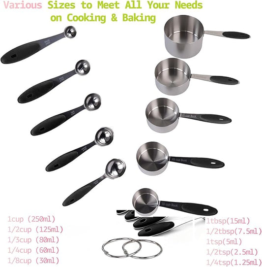 Inmorven 10pcs Measuring Cups and Spoons Set, Nesting Kitchen Stainless Steel Measuring Set for Baking Cooking Dry Liquid Ingredients Upgraded Thickness Handle-Black
