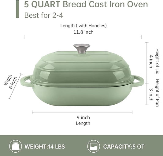 Fijxzct Premium Enameled Cast Iron Dutch Oven for Bread Baking | Non-Stick 5QT Oval Bread Oven with Lid | Perfect for Sourdough, Loaf, and Artisan Baking (Gradient Green, 5 QT)