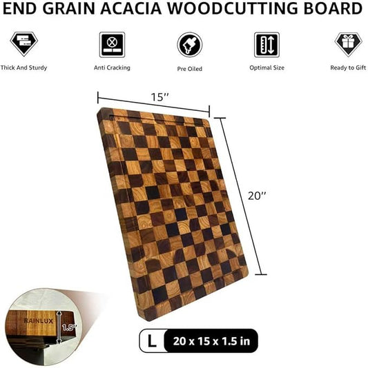 Acacia Wood Cutting Boards for Kitchen, Checkered Chopping Board with Juice Grooves & Handles, Large Butcher Block Serving Tray with Non‑Slip Feet, 20" × 15" × 1.5"