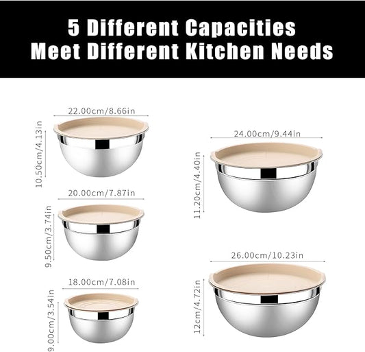 Lazycorner Mixing Bowls with Airtight Lids Set 5 Pcs Stainless Steel Bowls Set Baking Set Non-Slip Silicone Bottoms Great for Serving & Baking
