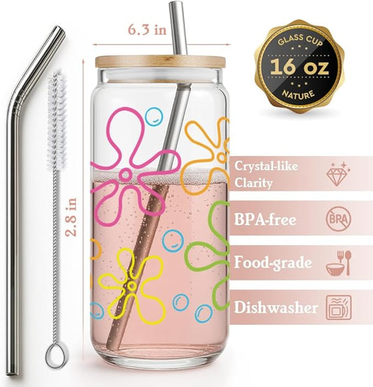 Yellow Cartoon Bubbles Glass Cups Gifts foe Women,Daughter,Friend,Ocean Bubbles and Flowers Glass Tumbler with Bamboo Lid and Straw,Birthday Thanksgiving,Christmas Gifts
