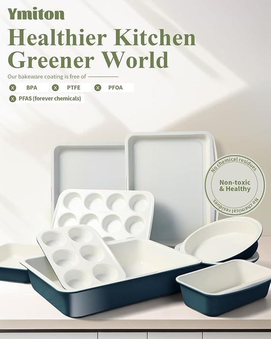 Ceramic Nonstick Baking Pans Set, Non Toxic 33 PCS Stackable Bakeware Sets, 550°F Oven Safe Baking Sheet & Pans, Warp-Free, Dishwasher Safe, PTFE/PFOA/PFOS-Free (Blue)