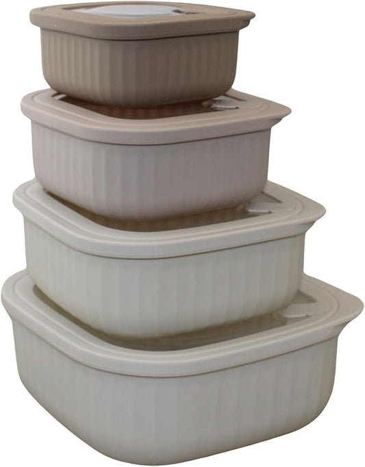Set of 4 BPA-Free Square Food Storage Containers Vented Lids Assorted Sizes, Microwave & Freezer Safe Nesting Design for Leftovers Meal Prep Fridge Organization Dry Grains (Ivory)