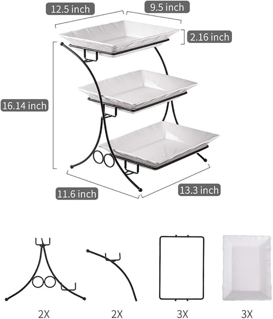 YHOSSEUN Large Tiered Tray Stand, 3 Tier Serving Tray Porcelain Baking Set with Serving Stand 3 Tier Buffet Server for Fruit, Dessert, Food Display Stand for Party, Thanksgiving